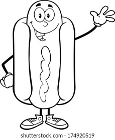 Black And White Happy Hot Dog Cartoon Mascot Character Waving. Vector Illustration Isolated on white