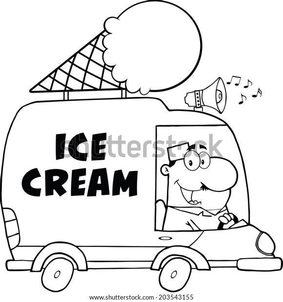 Black And White Happy Ice Cream Man\
Driving Truck. Vector Illustration Isolated on\
white