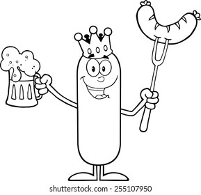 Black And White Happy King Sausage Cartoon Character Holding A Beer And Weenie On A Fork.Vector Illustration Isolated On White