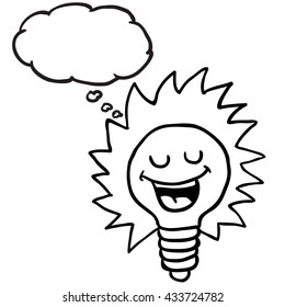 black and white happy lightbulb with thought bubble cartoon