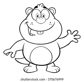 Black And White Happy Marmot Cartoon Character Waving. Vector Illustration Isolated On White