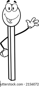 Black And White Happy Match Stick Cartoon Mascot Character Waving