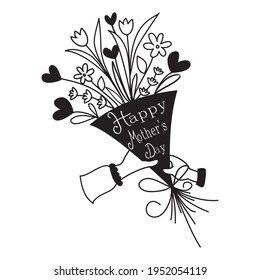 black and white Happy mothers day card with bouquet flower