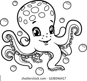 Black And White Happy Octopus Cartoon Mascot Character. Vector Illustration Isolated On White Background