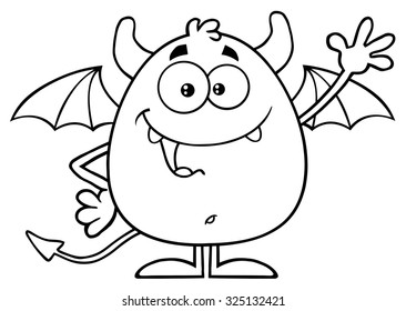 Black And White Happy Red Devil Cartoon Character Waving. Vector Illustration  Isolated On White