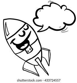 black and white happy rocket with speech bubble cartoon