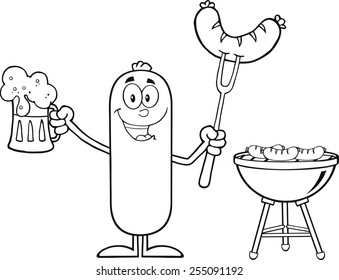Black And White Happy Sausage Cartoon Character Holding A Beer And Weenie Next To BBQ. Vector Illustration Isolated On White