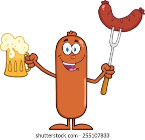 Black And White Happy Sausage Cartoon Character Holding A Beer And Weenie On A Fork Vector Illustration Isolated On White