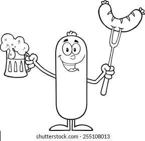 Black And White Black And White Happy Sausage Cartoon Character Holding A Beer And Weenie On A Fork Vector Illustration Isolated On White