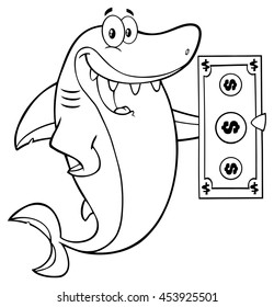 Black And White Happy Shark Cartoon Mascot Character Holding A Dollar Bill. Vector Illustration Isolated On White Background