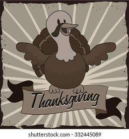 Black and white happy turkey on thanksgiving poster retro styled.
