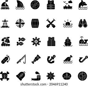 Black and white harbour elements collection flat iconc set