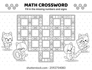 Black and white hard math crossword in form of heart. Addition, subtraction, multiplication, division.Fill in the missing numbers and signs. Solve the problem. Educational attention game for kids. Iso