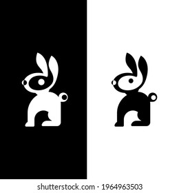 Black and white hare logo. for banner, sticker, greeting card, advertising of a pet shop, veterinary clinic, animal products. Vector illustration.Flat design.