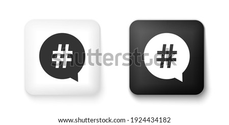 Black and white Hashtag in circle icon isolated on white background. Social media symbol, concept of number sign, social media, micro blogging pr popularity. Square button. Vector