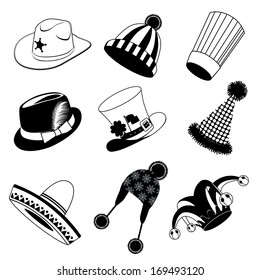 Black and white hat collection. EPS 10 vector, grouped for easy editing. No open shapes or paths.