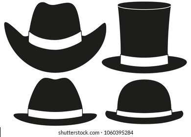 Black and white hat silhouette set 4 element. Hipster themed vector illustration for gift card certificate sticker, badge, sign, stamp, logo, label, icon, poster, patch, banner invitation