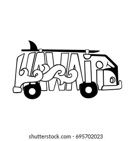 Black and white Hawaii surf print. Handdrawn lettering with a minivan. Vector bus illustration.