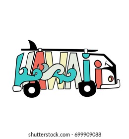 Black and white Hawaii surf print. Handdrawn lettering with a minivan. Vector bus illustration.