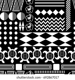 Black and white hawaiian culture ornament seamless vector pattern. Ethnic tileable tribe background with triangles, lines and turtle elements.