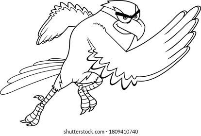 Black And White Hawk Bird Cartoon Character Running. Vector Illustration Isolated On White Background