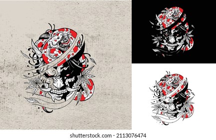 black and white head devils face and fish koi vector