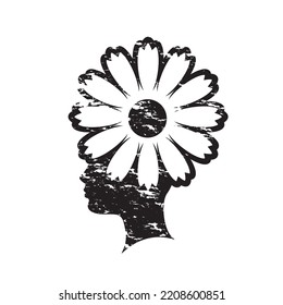 black and white head with flower vector icon