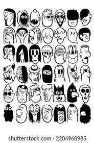 Retrato de cabeza en blanco y negro, trazo simple, dibujos animados, ilustración vectorial