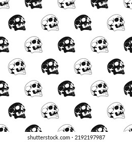Black White Head Skull Bones Creepy Vector Graphic Seamless Pattern can be use for background and apparel design