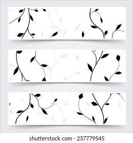 black and white header footer branches leaves banner set. vector illustration