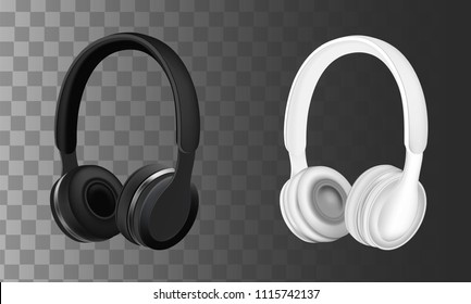 Black and white headphones earphones. Vector realistic illustration isolated on transparent background.