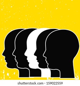 black and white heads on yellow background