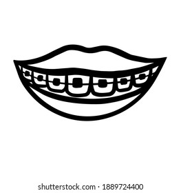 Black and white healthy smile in braces silhouette. Achieving beautiful smile concept. Dental care vector illustration for icon, sticker, label, badge, certificate, leaflet or banner decoration