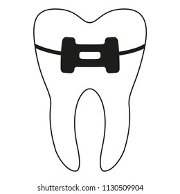 Black and white healthy tooth in brace silhouette. Achieving beautiful smile concept. Dental care vector illustration for icon, sticker, logo, label, badge, certificate, leaflet or banner decoration