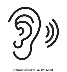 Ícone de ouvido auditivo preto e branco Conceito de escuta Ondas de som Comunicação Vetor Ilustração