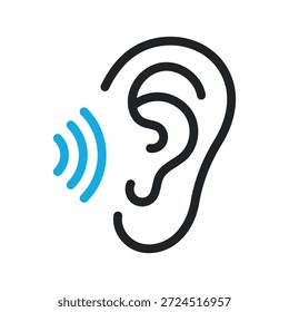 Icono de oído de audición en blanco y negro Concepto de escucha Ondas de sonido Ilustración vectorial de comunicación
