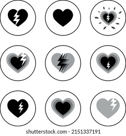 Black and white heart attack icons vector illustration in black color. Medicine related icons 