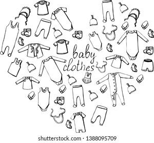 Black and white heart with baby clothes. Isolated vector illustration on white background.