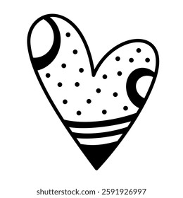 Black and white heart clipart. Cute seasonal object in cartoon flat style. Hand draw vector illustration