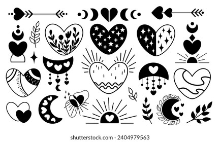 Black and white heart clipart. Valentines day clipart. Valentine hearts in cartoon flat style. Vector illustration