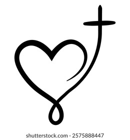 Black White Heart with Cross Line Art love faith religion