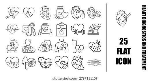 Black and white heart diagnostics and treatment icon collection with ECG, cardiologist, blood pressure, ultrasound, stent and surgery symbols