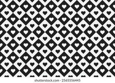 Black and white heart diagonal check seamless pattern