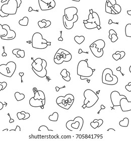 Black and white heart icon seamless pattern. Tiling textures with thin line web icons set