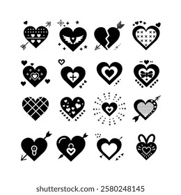 Black and White Heart Icon Set, Valentine’s Day Symbols, Love and Romance Elements, Wedding Invitations,Graphic Design Resources, Social Media, and Greeting Cards