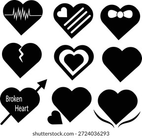 Conjunto de iconos de corazón en blanco y negro con amor, corazón roto, latido del corazón, flecha y símbolos románticos. Colección plana mínima del corazón para el día de San Valentín, diseño de la boda, concepto de la relación.
