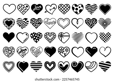 Black and white heart illustrations. Heart vector design set, abstract decorative designs.