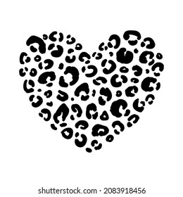 Black and white heart with leopard print texture pattern. Cheetah spots in heart shape, vector trendy illustration for card design, t-shirt, product cover. Romantic and wild Valentine's day