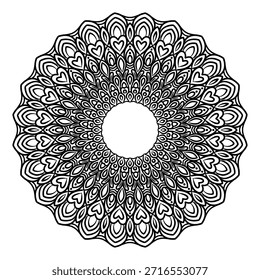 Black and white heart mandala vector illustration with symmetrical radial design and clean outline line art. Suitable for decorative patterns, symbolic artwork, tattoo designs, meditation themes, and ornamental design use.