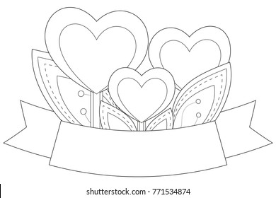 Black And White Heart Plants With Leafs And Ribbon With Place For Text. Coloring Book Page For Adults And Kids. Valentine Day Holiday Vector Illustration For Gift Card, Flyer, Certificate Or Banner